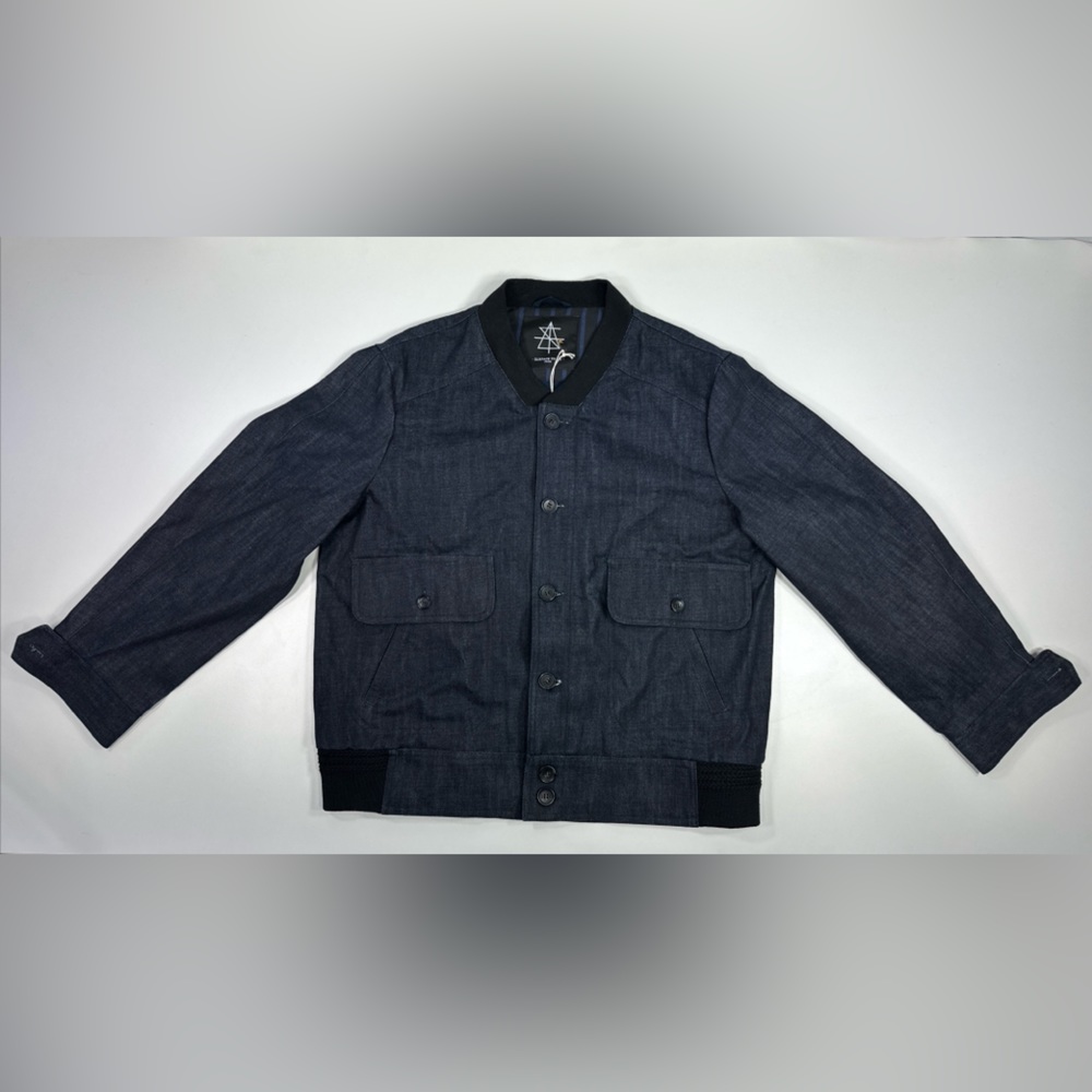 Surface to Air Denim Bomber Jacket Button Front Side Hand Pockets Ribbed Cuffs M